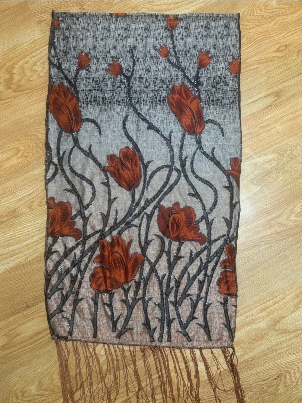 Lightweight Floral Fringe Scarf in Taupe and Rust